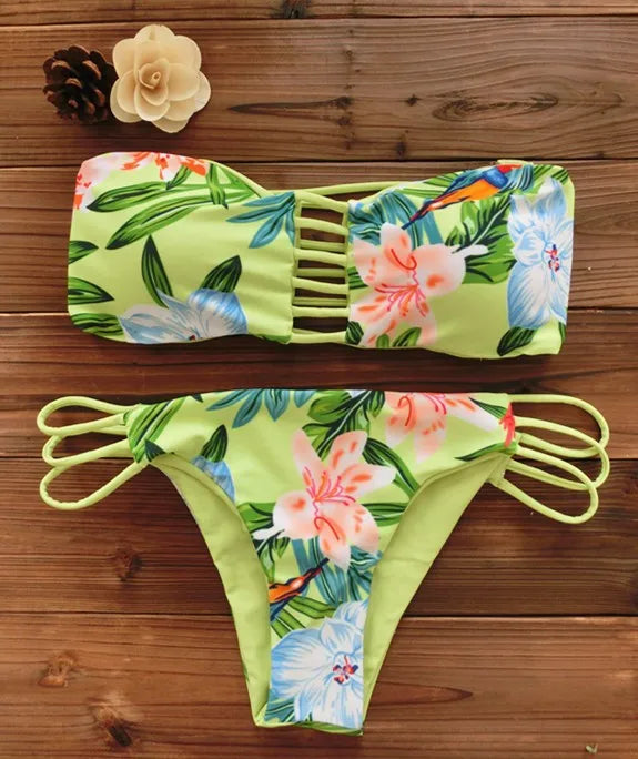 2026 Women Bandeau Bikini Reversible Print Swimsuit Strappy Swimwear Biquini Trikini 1112