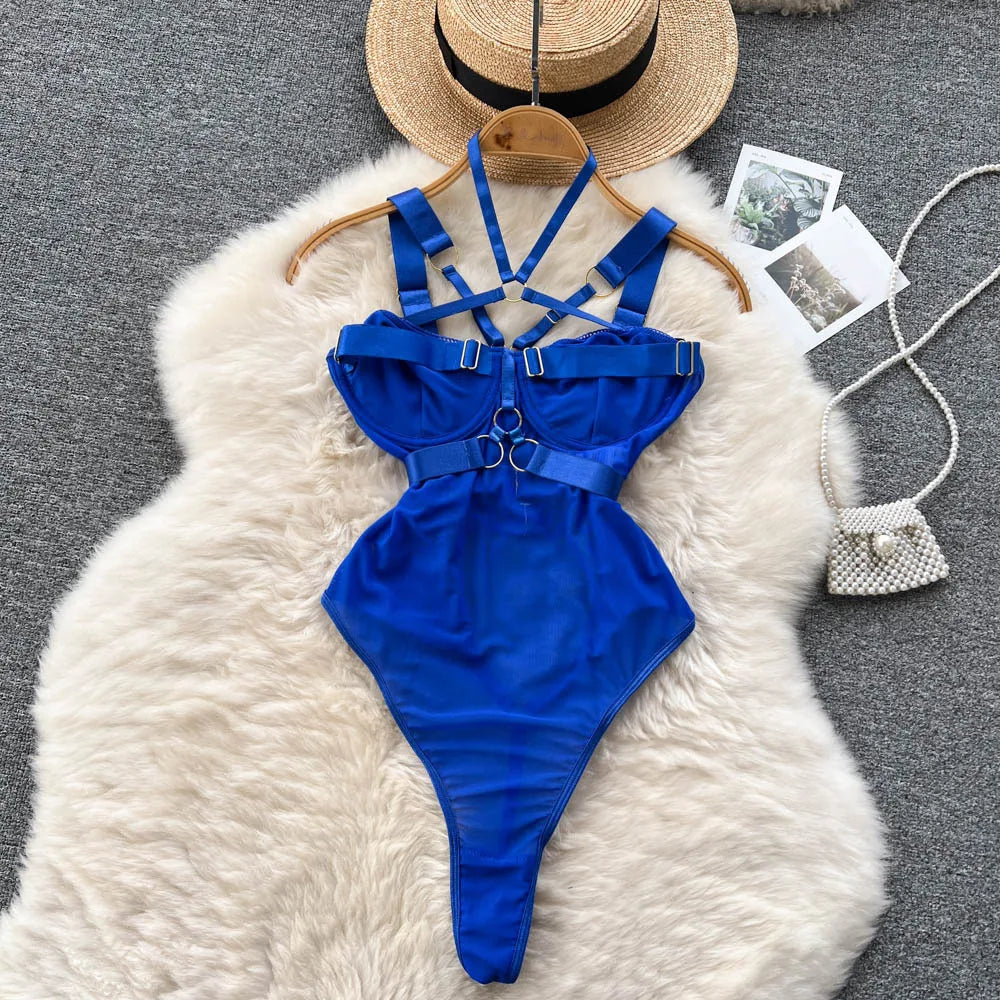 Buckle Cross Hanging Neck Hollow Out Suspender Bodysuit Sexy Garter Mesh Bodysuit
