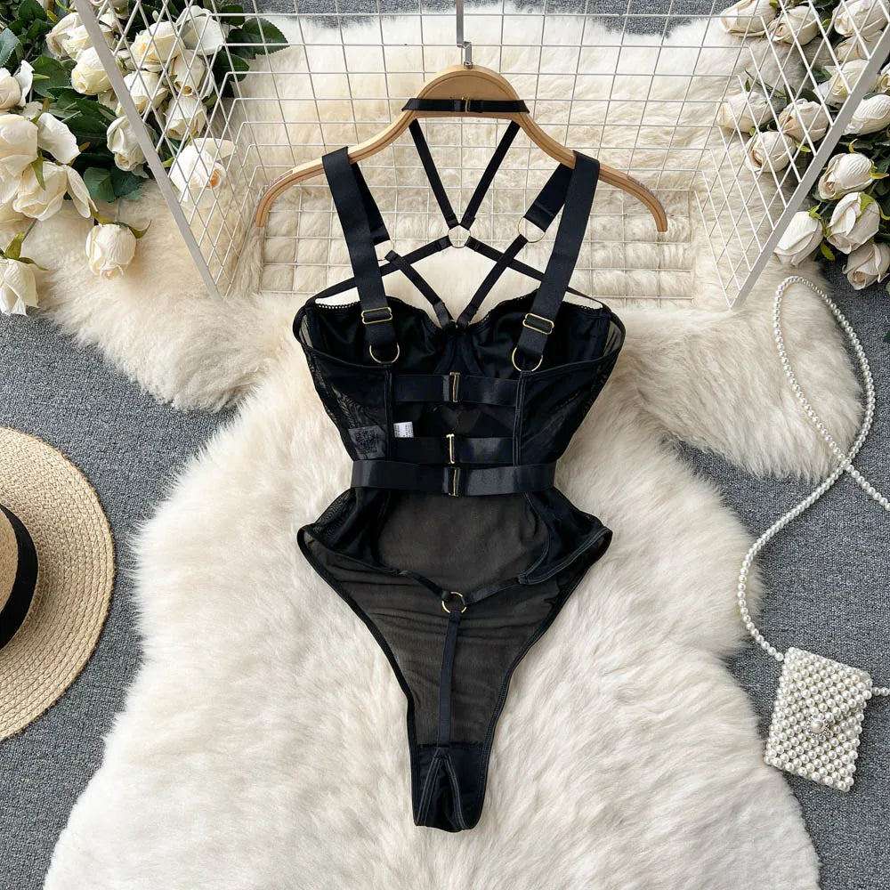 Buckle Cross Hanging Neck Hollow Out Suspender Bodysuit Sexy Garter Mesh Bodysuit
