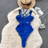 Buckle Cross Hanging Neck Hollow Out Suspender Bodysuit Sexy Garter Mesh Bodysuit