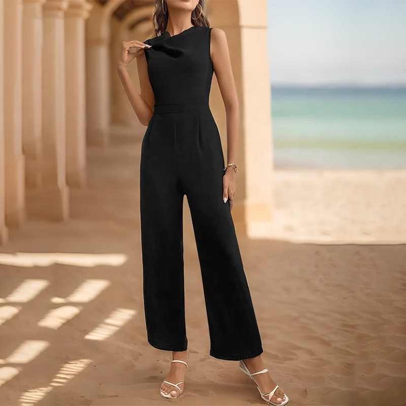 Women's Elegant Jumpsuit 2026 Spring/Summer Europe and America Waist Wrap Casual Commuter Swinging Collar Sleeveless Jumpsuit