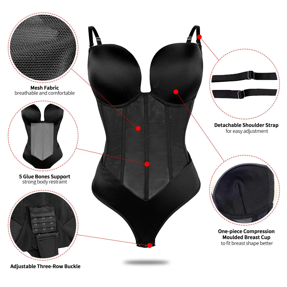 Deep-V Backless High Compression Bodysuit Shapewear for Women Wholesale Wedding Fajas Adjustable Straps Sexy Wear U Body Shaper