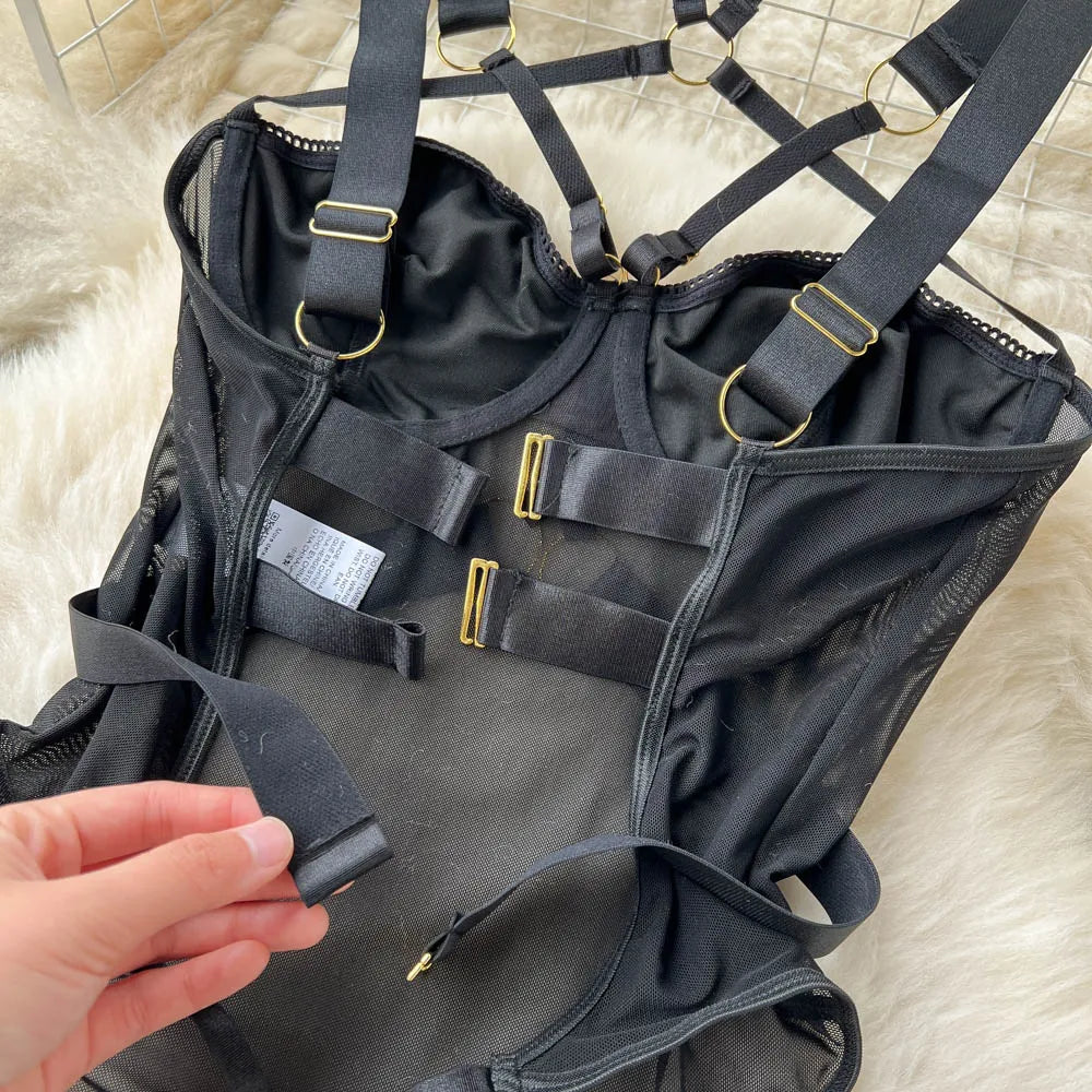 Buckle Cross Hanging Neck Hollow Out Suspender Bodysuit Sexy Garter Mesh Bodysuit