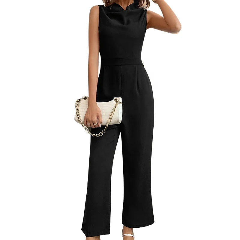 Women's Elegant Jumpsuit 2026 Spring/Summer Europe and America Waist Wrap Casual Commuter Swinging Collar Sleeveless Jumpsuit