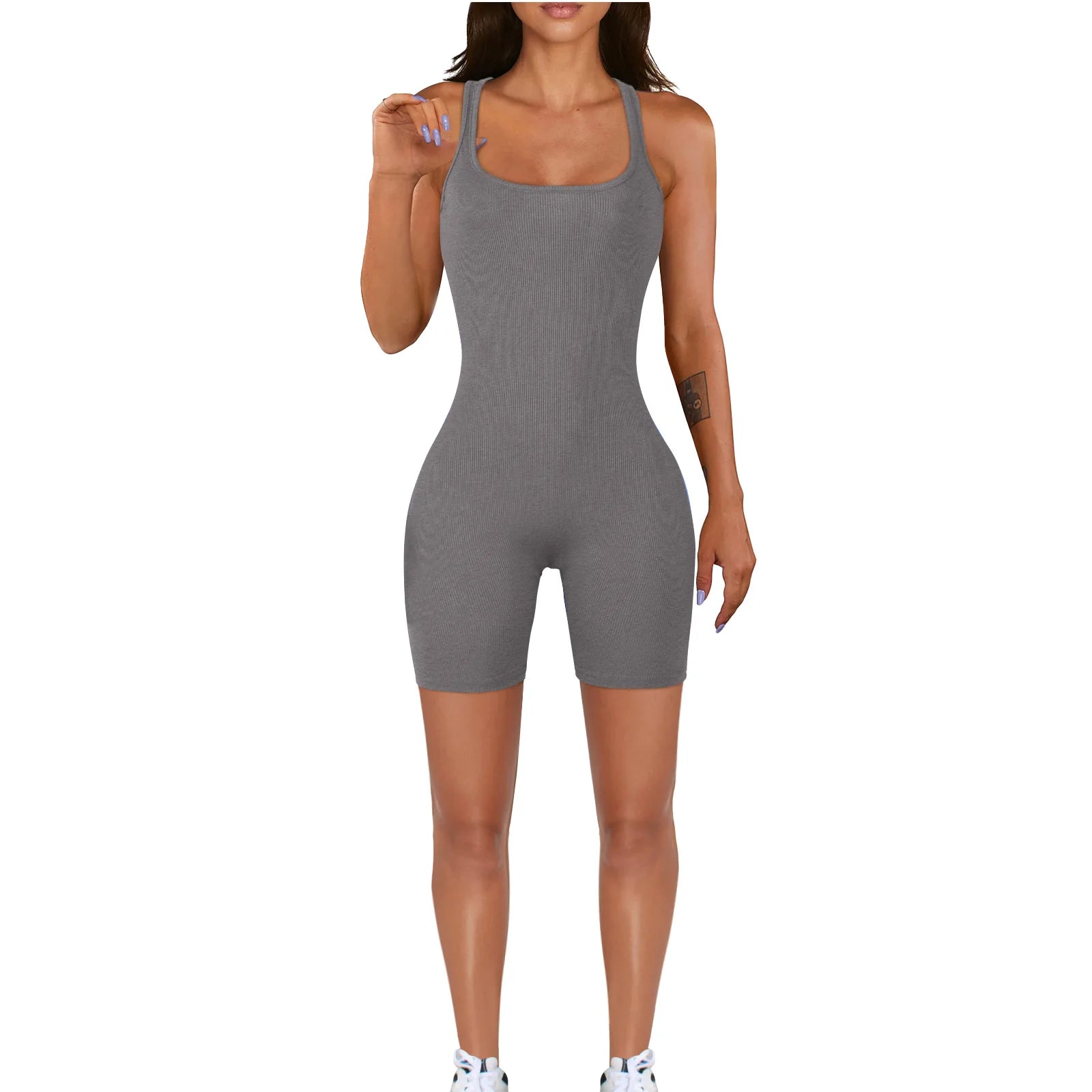 KE0102SX Hot Sale Sexy Sport Solid Color Ribbed I-back Bodycon Summer Women Short Jumpsuit Sehe Fashion