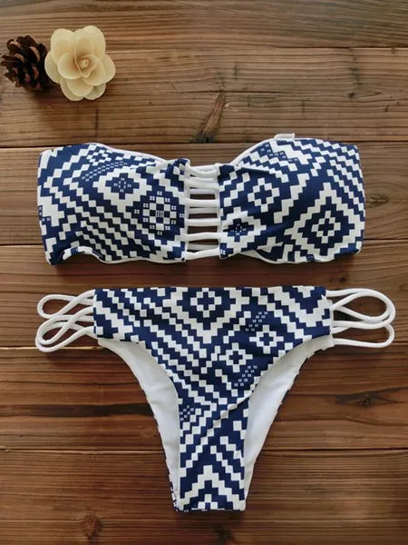 2026 Women Bandeau Bikini Reversible Print Swimsuit Strappy Swimwear Biquini Trikini 1112