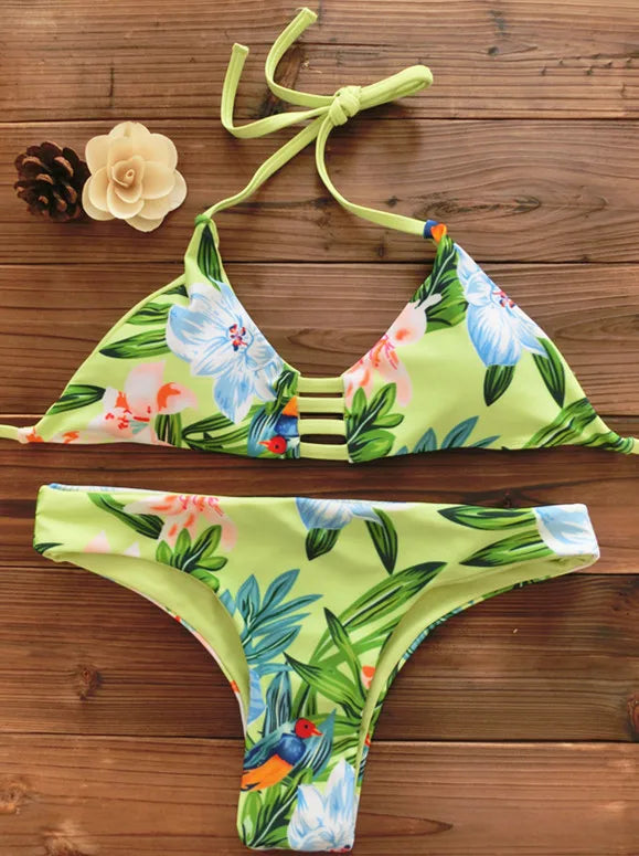 2026 Women Bandeau Bikini Reversible Print Swimsuit Strappy Swimwear Biquini Trikini 1112