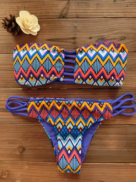 2026 Women Bandeau Bikini Reversible Print Swimsuit Strappy Swimwear Biquini Trikini 1112