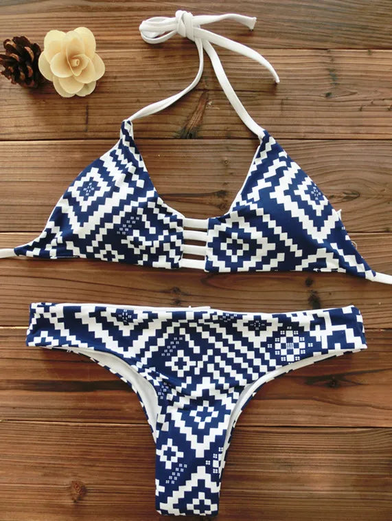 2026 Women Bandeau Bikini Reversible Print Swimsuit Strappy Swimwear Biquini Trikini 1112