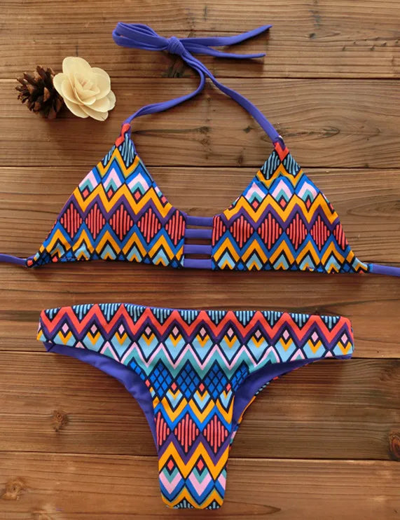 2026 Women Bandeau Bikini Reversible Print Swimsuit Strappy Swimwear Biquini Trikini 1112