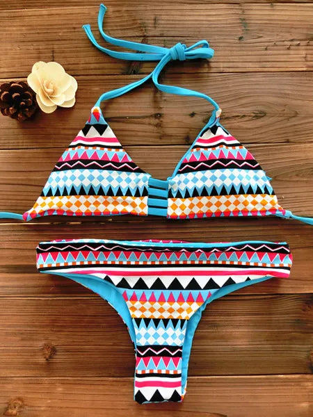 2026 Women Bandeau Bikini Reversible Print Swimsuit Strappy Swimwear Biquini Trikini 1112
