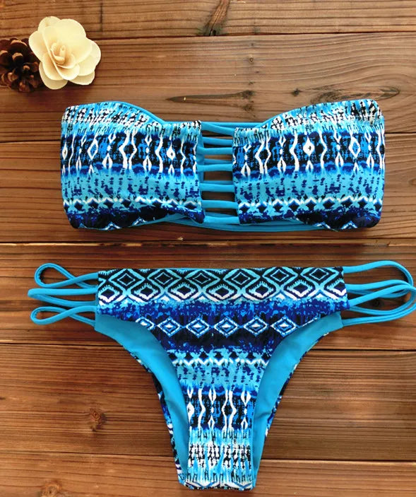 2026 Women Bandeau Bikini Reversible Print Swimsuit Strappy Swimwear Biquini Trikini 1112