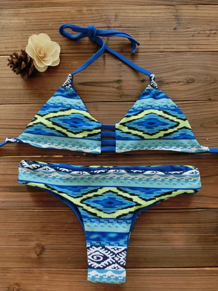 2026 Women Bandeau Bikini Reversible Print Swimsuit Strappy Swimwear Biquini Trikini 1112