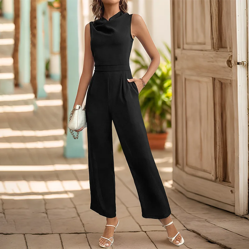 Women's Elegant Jumpsuit 2026 Spring/Summer Europe and America Waist Wrap Casual Commuter Swinging Collar Sleeveless Jumpsuit