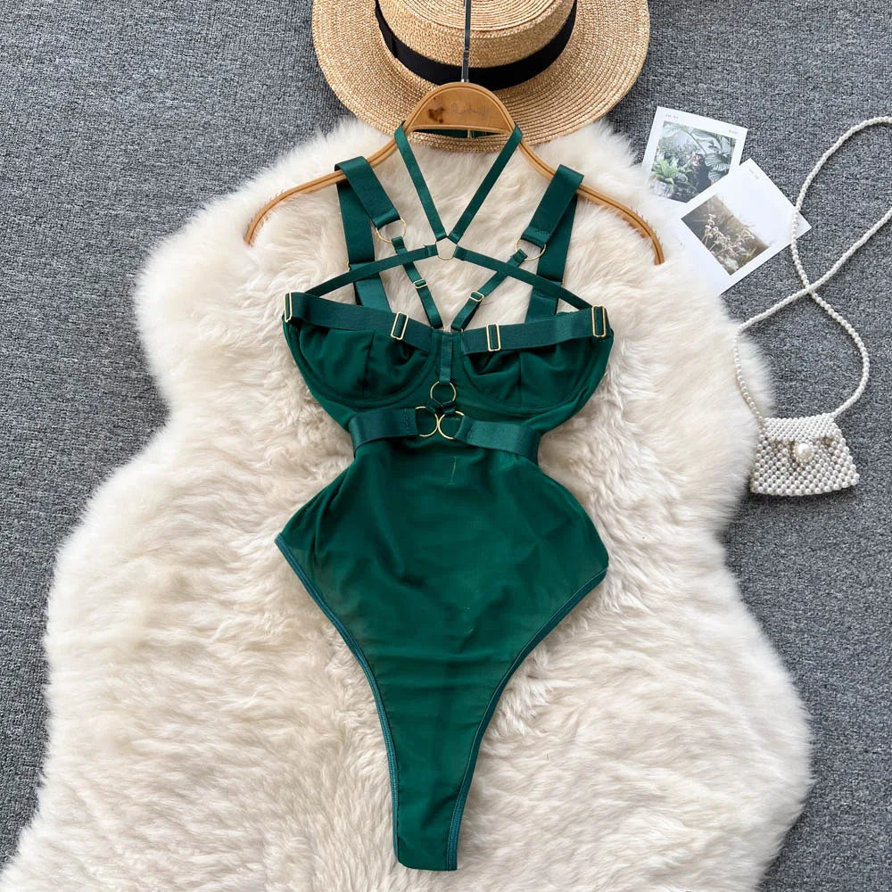 Buckle Cross Hanging Neck Hollow Out Suspender Bodysuit Sexy Garter Mesh Bodysuit
