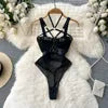Buckle Cross Hanging Neck Hollow Out Suspender Bodysuit Sexy Garter Mesh Bodysuit
