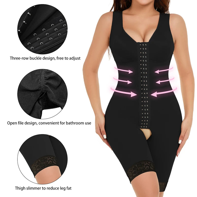 6304 Fajas Colombian Full Body V Neck Sleeveless Knee Length Shaper Bra Wide Shoulder Straps Butt Lifter Bodysuit Shapewear