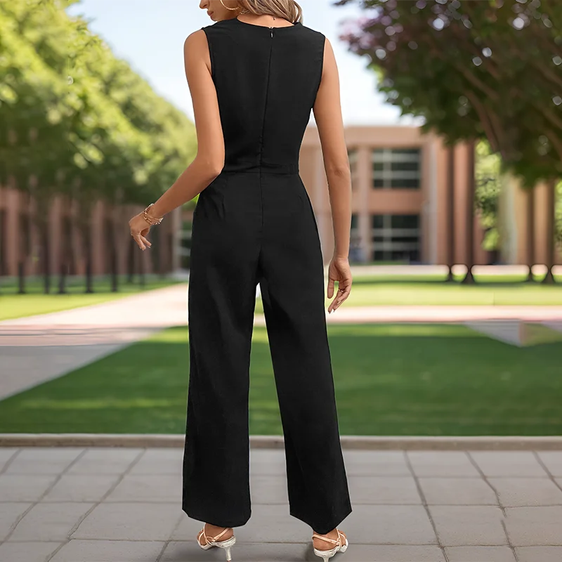 Women's Elegant Jumpsuit 2026 Spring/Summer Europe and America Waist Wrap Casual Commuter Swinging Collar Sleeveless Jumpsuit