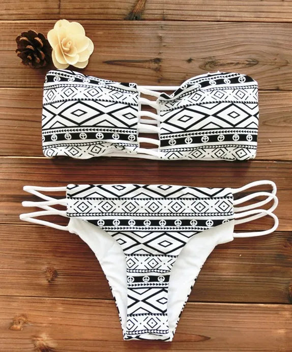 2026 Women Bandeau Bikini Reversible Print Swimsuit Strappy Swimwear Biquini Trikini 1112