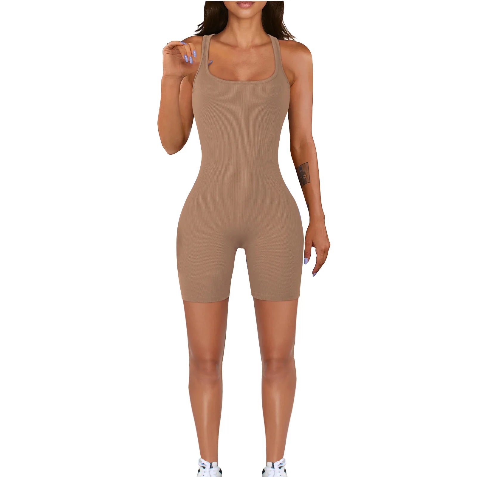 KE0102SX Hot Sale Sexy Sport Solid Color Ribbed I-back Bodycon Summer Women Short Jumpsuit Sehe Fashion