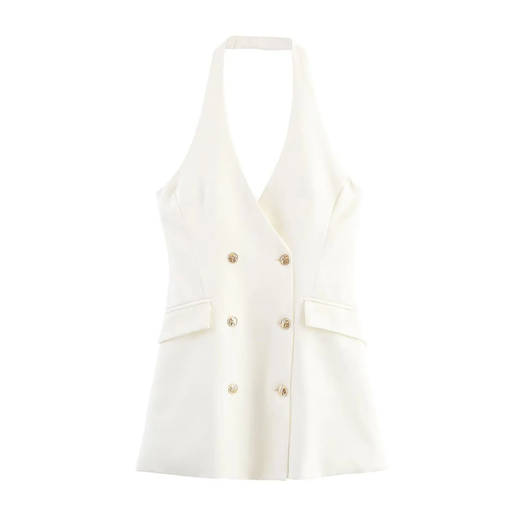 HH Female Sexy Mini Dress Grey Turn-Down Collar Sleeveless Backless Double Breasted Summer A-Line Dresses Woman New Trendy