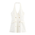 HH Female Sexy Mini Dress Grey Turn-Down Collar Sleeveless Backless Double Breasted Summer A-Line Dresses Woman New Trendy