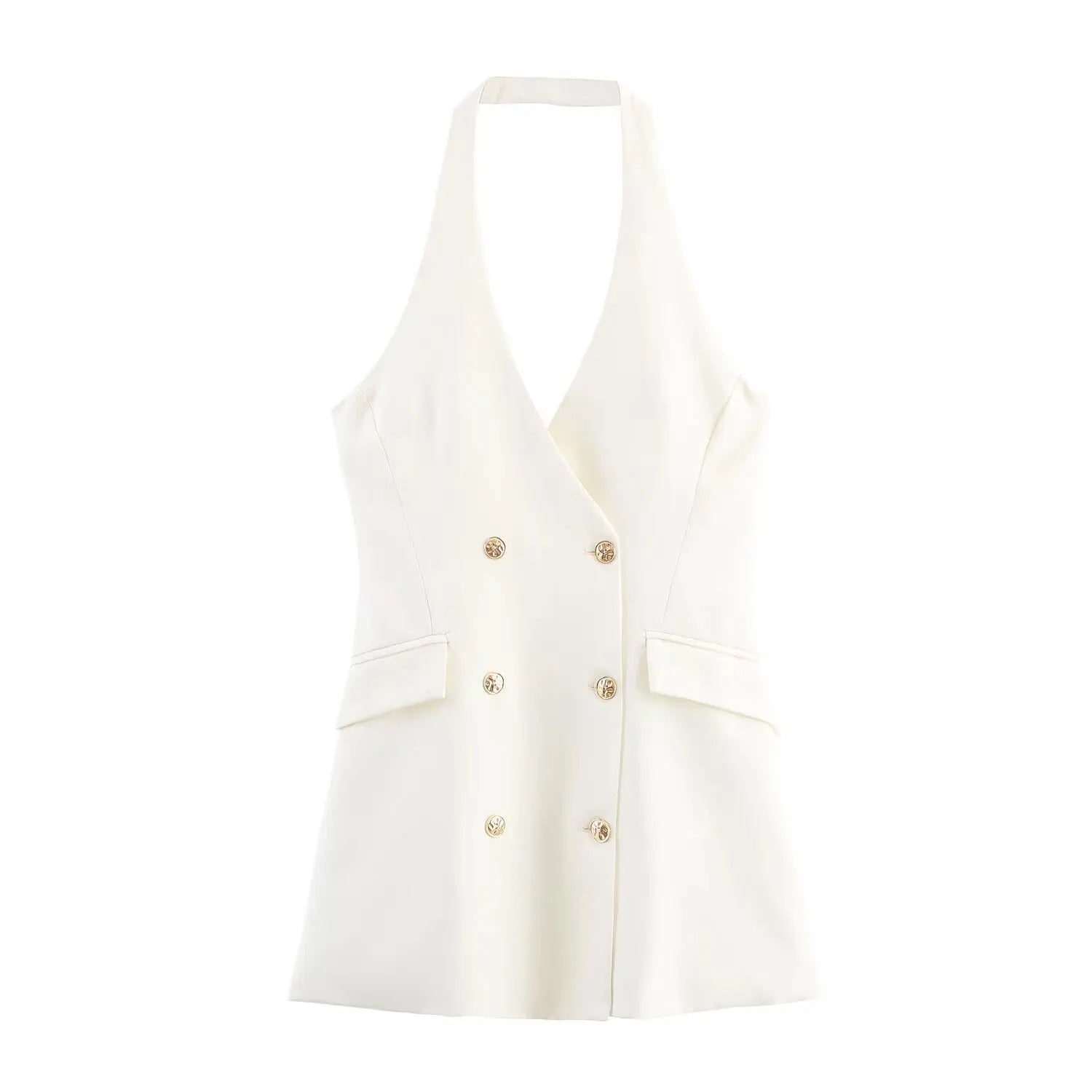 HH Female Sexy Mini Dress Grey Turn-Down Collar Sleeveless Backless Double Breasted Summer A-Line Dresses Woman New Trendy