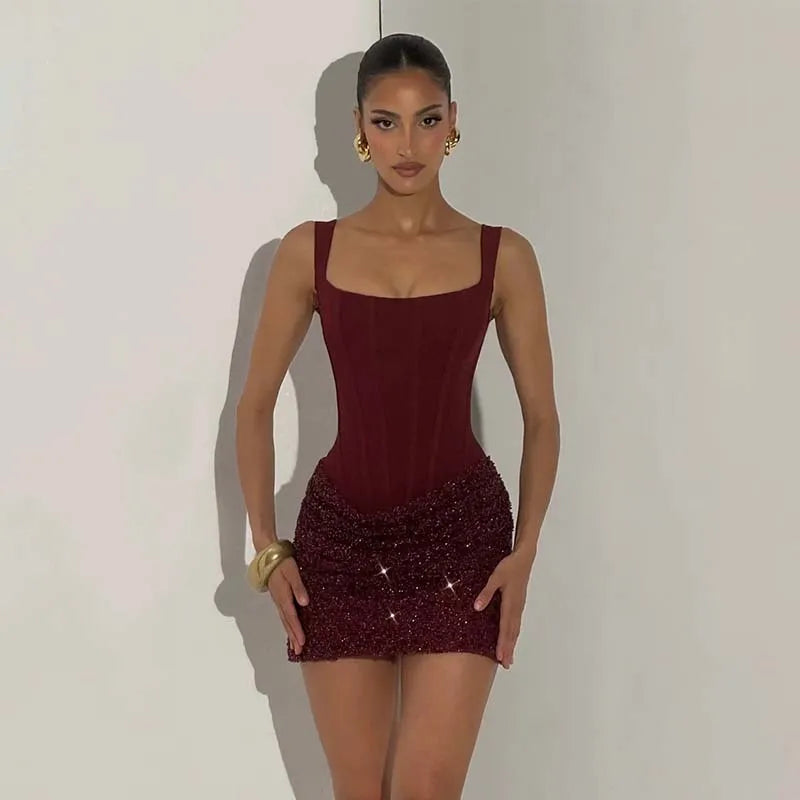 Townlike Pleated Slim Bodycon Dress Women Spaghetti Strap Mini 2026 Summer Dress Sequin Evening Nightclub Sexy Party Dresses