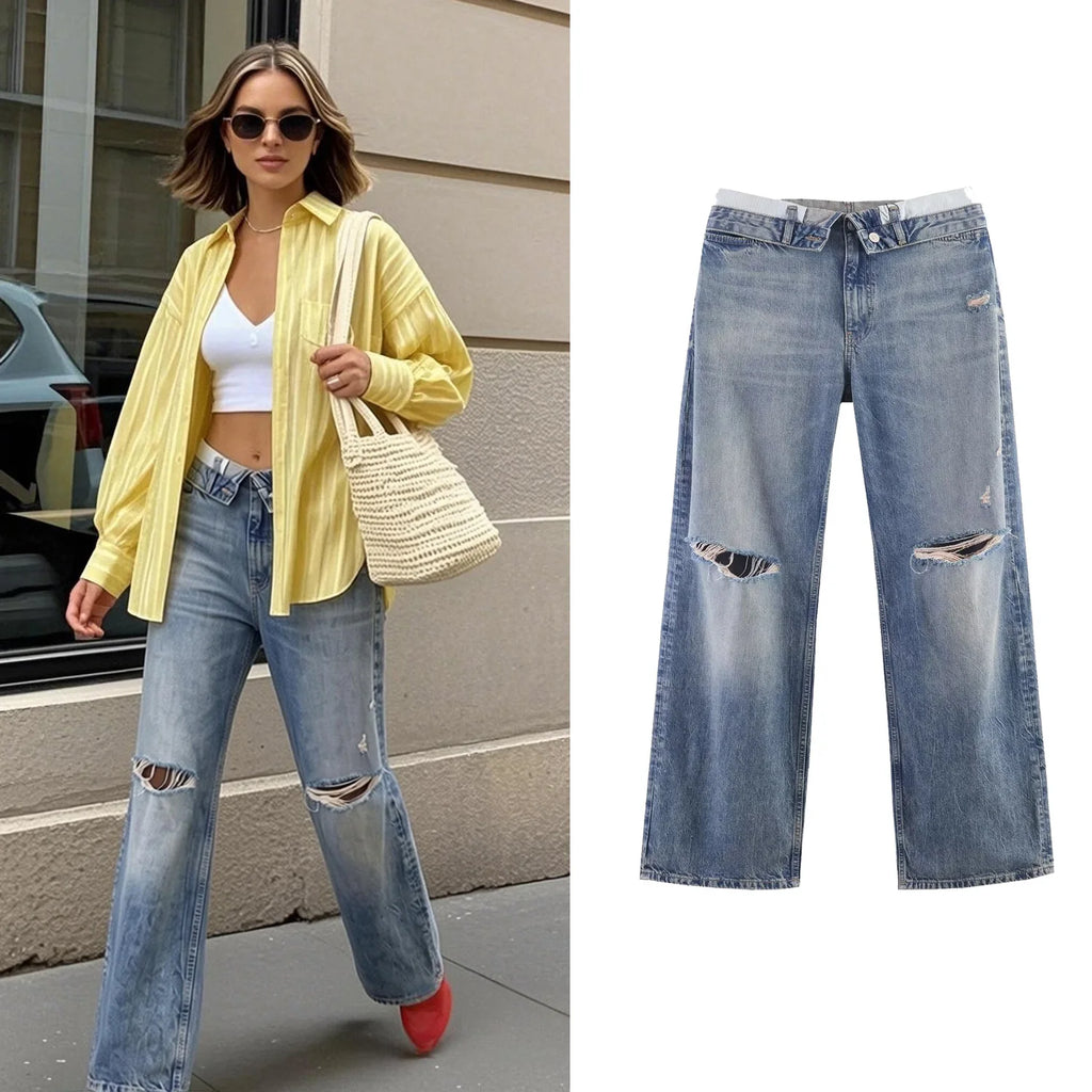 Women Casual Jeans Summer Female Chic Ripped Holes Denim Fashion Mid Waist Flanging Button Streetwear Long Pants lady Trousers