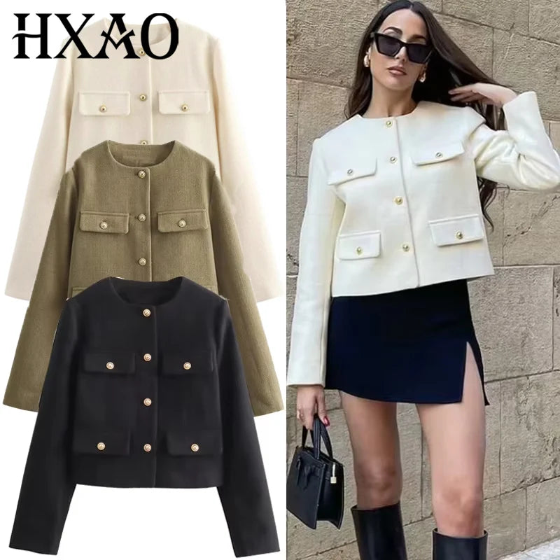 HXAO Woman Outerwears Autumn Long Sleeve Cropped Jacket For Women Winter Button Demi-Season Short Coats Elegant Women's Coat