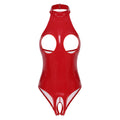 Womens Latex Lingerie Cutout Patent Leather Bodysuit Halter Neck Backless Crotchless Open Cup Teddies Leotard Erotic Clubwear
