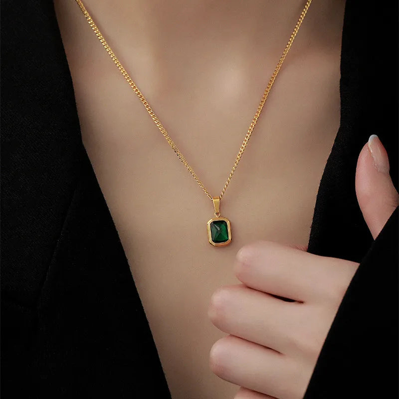 Fashion Retro Square Green Zircon Pendant Necklaces For Women Charm Necklace Girls Wedding Engagement Jewelry Gift