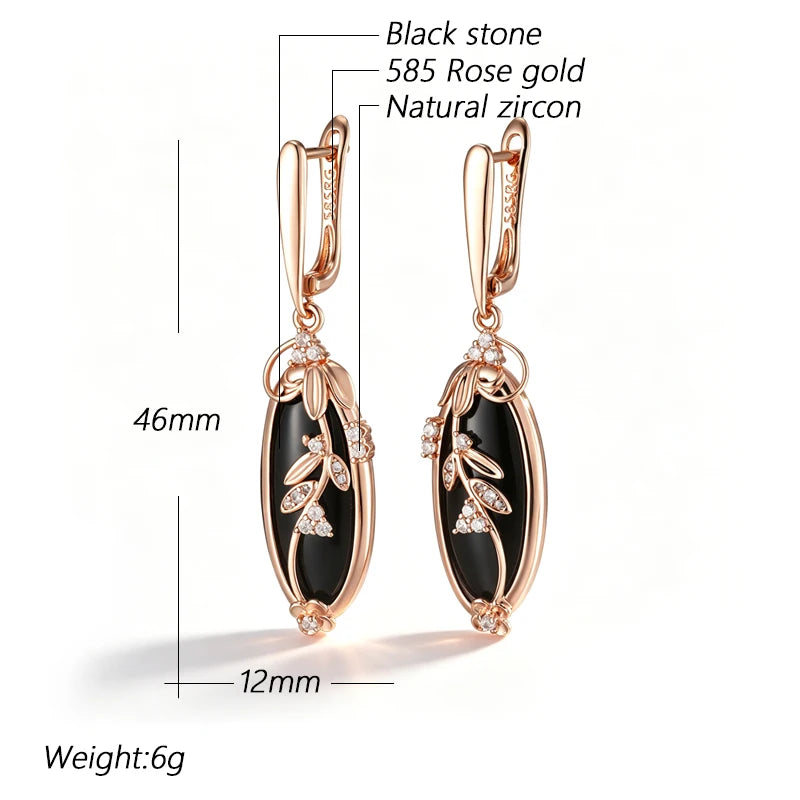 Kinel Hot Sparkling Black Natural Zircon Long Drop Earrings Women 585 Rose Gold Color Vintage Wedding Party Fine Daily Jewelry
