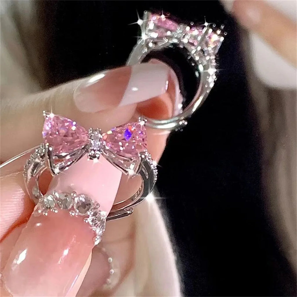 Fashion Romantic Pink Crystal Bowknot Rings Sweet Exquisite Y2K Opening Finger Ring Girls Birthday Party Jewelry Accessories