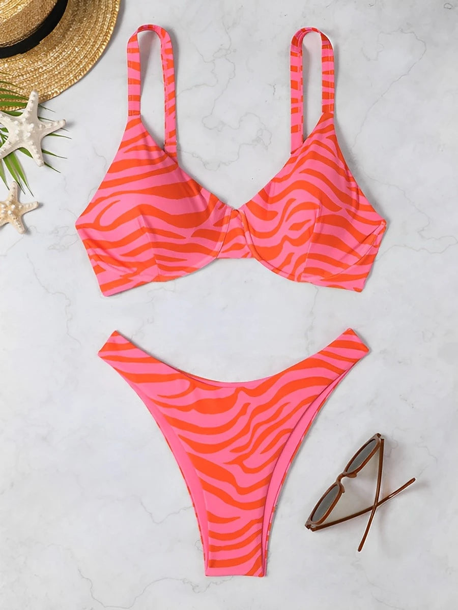 2026 Push Up Striped Print Two Piece Bikini Women Swimwear Female Swimsuit Bathers Bathing Swimming Suit Beachwear Summer