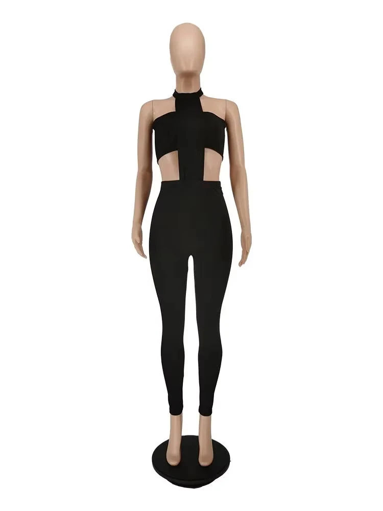 Weird Puss Sexy Backless 2 Piece Set Women Stretch Tube Top+Skinny Halter Jumpsuit Fitness Street Matching Party Club Overalls