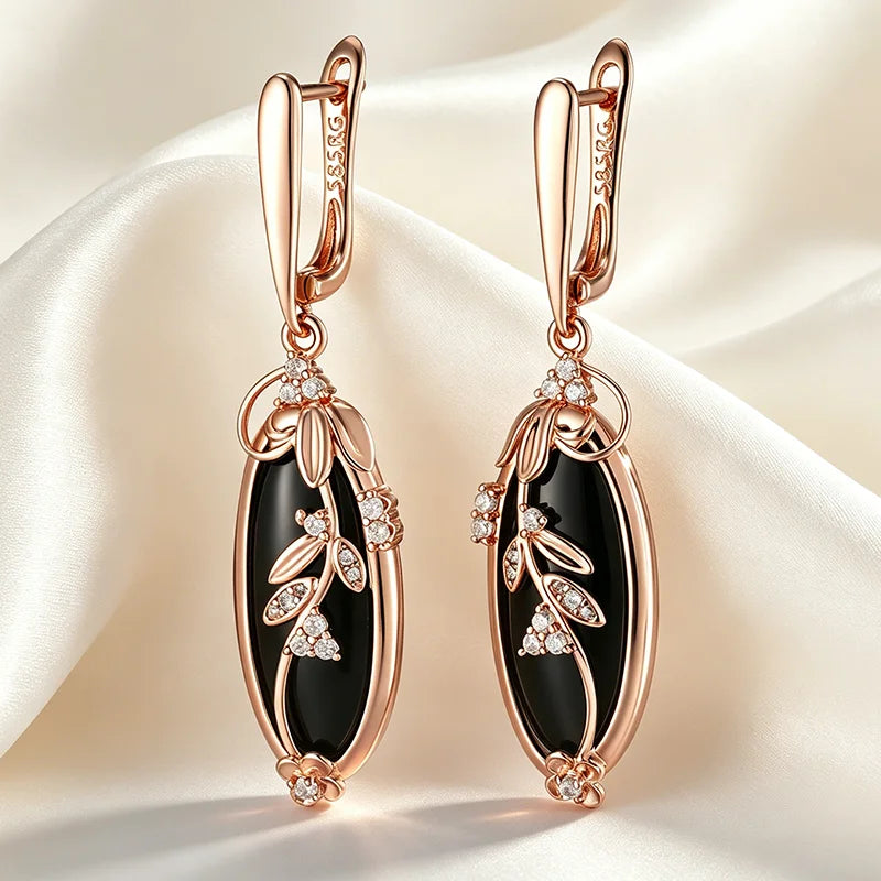 Kinel Hot Sparkling Black Natural Zircon Long Drop Earrings Women 585 Rose Gold Color Vintage Wedding Party Fine Daily Jewelry
