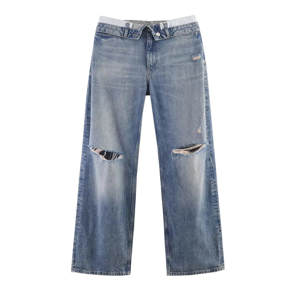 Women Casual Jeans Summer Female Chic Ripped Holes Denim Fashion Mid Waist Flanging Button Streetwear Long Pants lady Trousers
