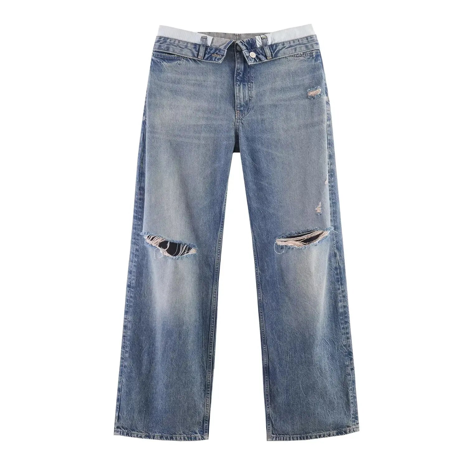Women Casual Jeans Summer Female Chic Ripped Holes Denim Fashion Mid Waist Flanging Button Streetwear Long Pants lady Trousers