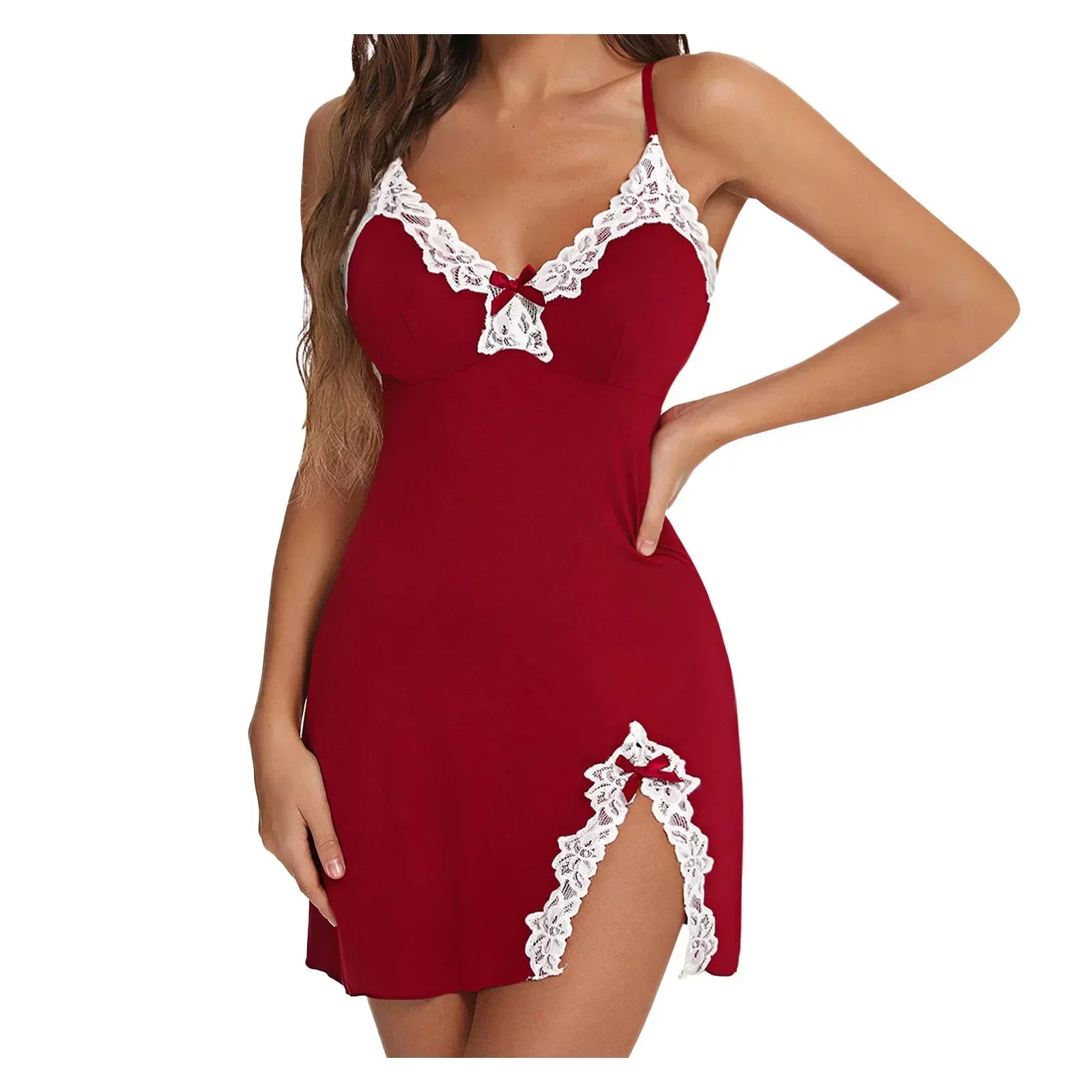 Lace Silk Satin Sleeveless V-neck Sleepwear Nighties Women Sexy Lingerie Dress Nightgown Nightdress Nightwear Sleepshirts