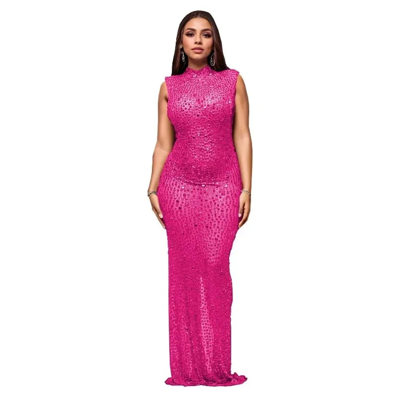 2026 Fall Diamonds Hot Rhinestones O-neck Women Sleeveless Bodycon Long Dress Birthday Party Evening Prom Maxi Dresses