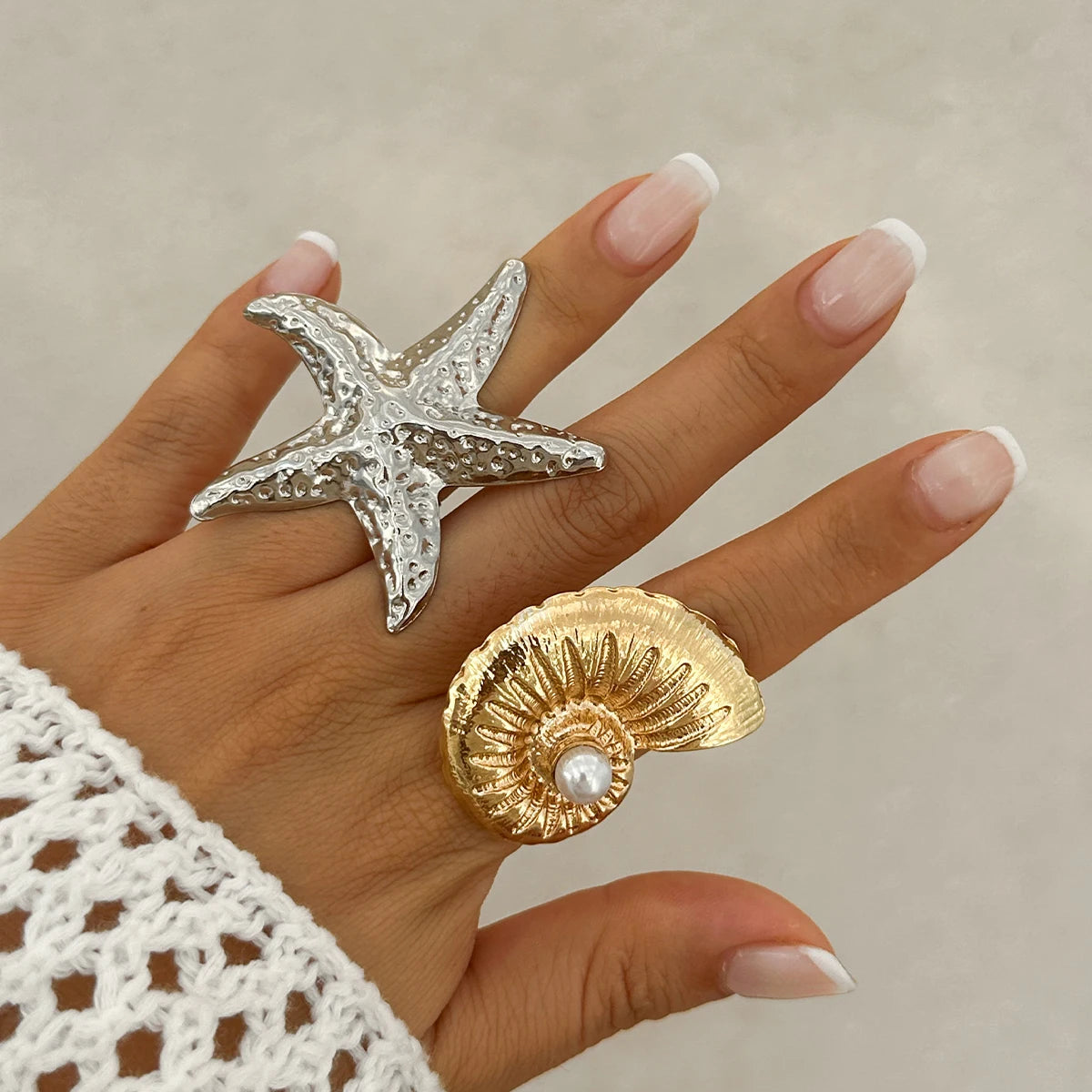 PuRui Trend Exaggerated Gold Color Big Starfish Conch Rings for Women Creative Punk Finger Ring Statement Party Banquet Jewelry