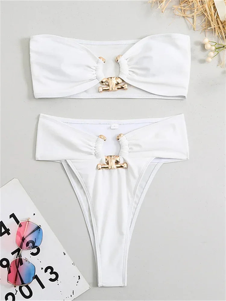 Luxury Metal Designer High Waist Bikinis Sets Women Solid White Black Bandeau Push Up Swimwear 2026 Bathing Suit Thong Swimsuit