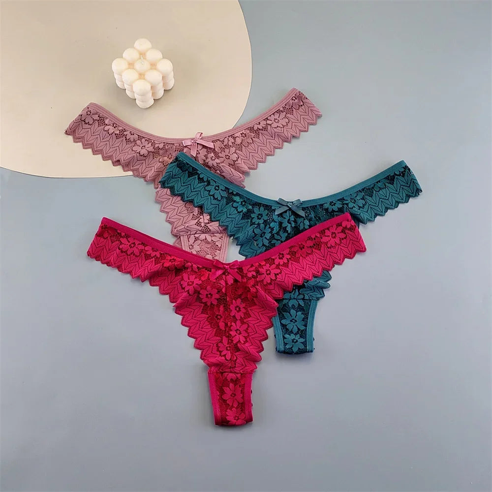 3pcs Women Lace Thong Underwear Pack Transparent Mid-Waist Underpants Female Briefs Ruffles G-strings Plus Size