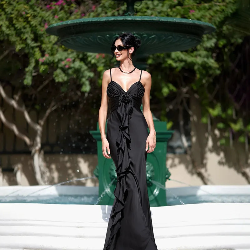 Elegant Flower Ruffle Strapless Sleeveless Maxi Dress for Women Slim Backlesss V Neck Dresses Lady Party Club Outwear Robe Vesti