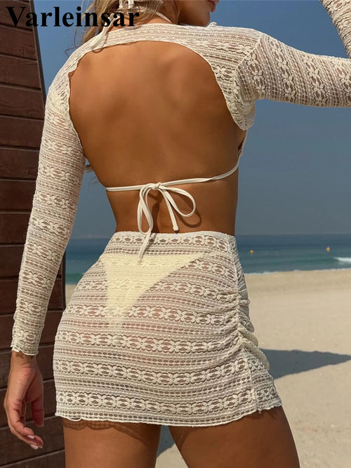 4PCS Halter With Skirt Long Sleeve Bikini Female Swimsuit Women Swimwear Four-pieces Bikini set Bather Bathing Suit Swim V6339