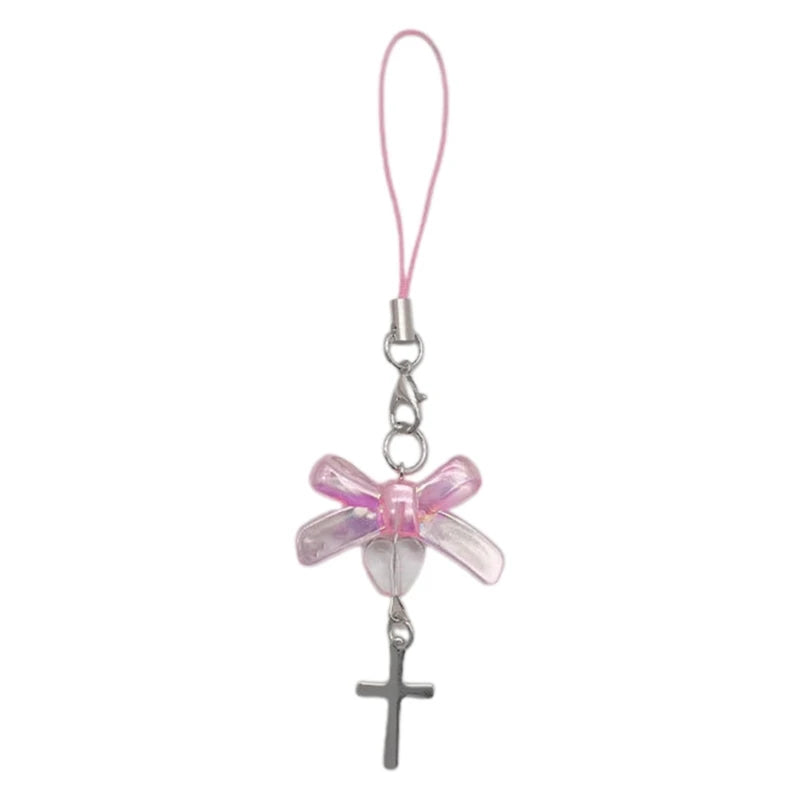 Phone Charm Strap Y2K Keychain Kawaii-Cute Pendant Jewelry Keyring Lanyard String Black Cross-Bow Beaded Chain for Women Girl