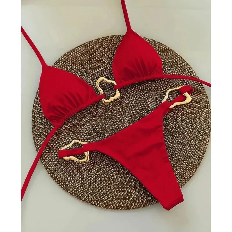 New Sexy Bikini Solid Color Lace-up Split Two-piece Swimsuit for Women