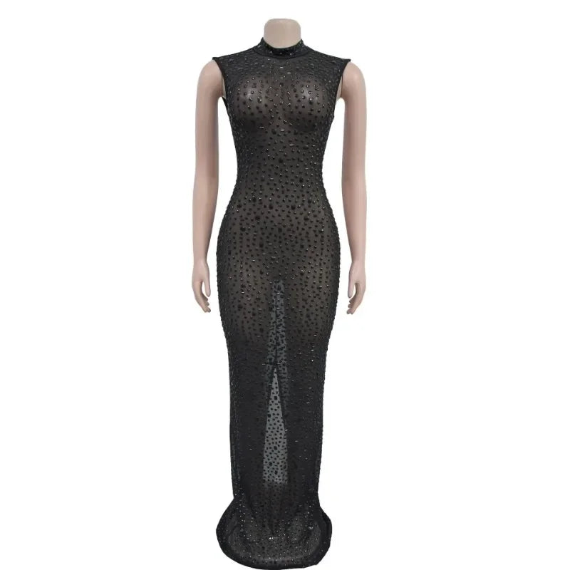 2026 Fall Diamonds Hot Rhinestones O-neck Women Sleeveless Bodycon Long Dress Birthday Party Evening Prom Maxi Dresses