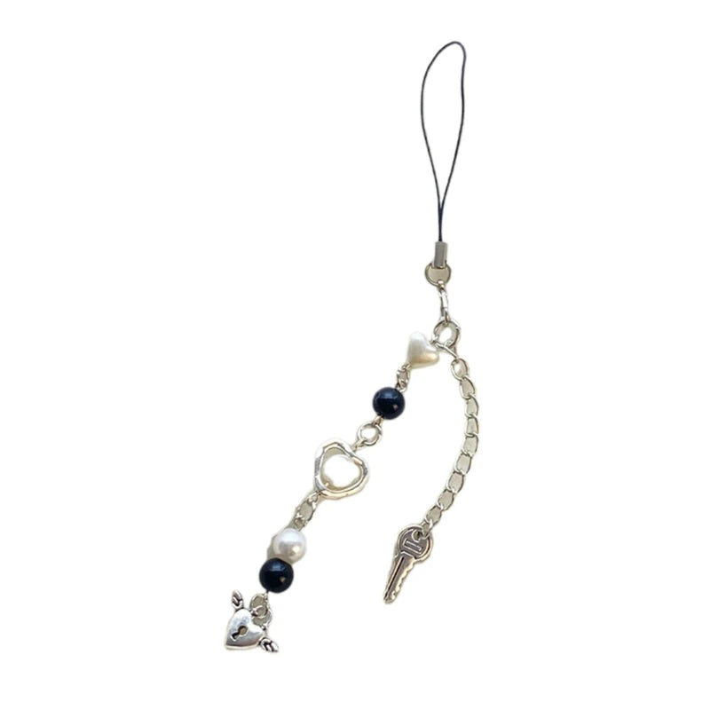Phone Charm Strap Y2K Keychain Kawaii-Cute Pendant Jewelry Keyring Lanyard String Black Cross-Bow Beaded Chain for Women Girl